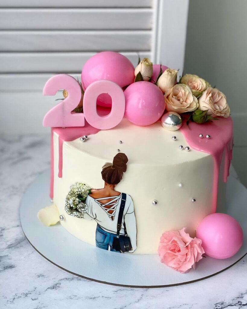 Торт на 20 років дівчині прикрашений квітами Торт на 20 лет девушке украшенный цветами