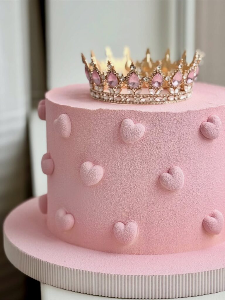 Рожевий торт з короною і сердечками